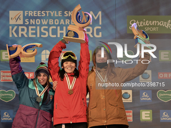 (L-R) Queralt Castellet (Spain), Xuetong Cai (China) and Clemence Grimal (France),  Ladies' Snowboard Halfpipe medalists, at FIS Snowboard W...