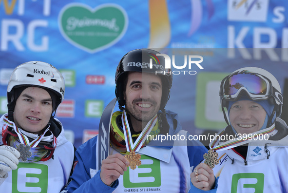 (L-R) Mikael Kingsbury (CAN), Anthony Benna (FRA) and Alexandr Smyshlyaev (RUS), Men's Moguls Final, at FIS Freestyle World Championship in...