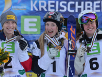 (L-R) Hannah Kearney (USA), Justine Dufour-Lapointe (CAN) and Britteny Cox (AUS), medatlists in Ladies' Moguls Final, at FIS Freestyle World...