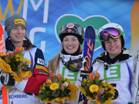 (L-R) Hannah Kearney (USA), Justine Dufour-Lapointe (CAN) and Britteny Cox (AUS), medatlists in Ladies' Moguls Final, at FIS Freestyle World...