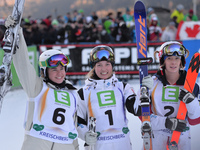 (L-R) Hannah Kearney (USA), Justine Dufour-Lapointe (CAN) and Britteny Cox (AUS), medalists in Ladies' Moguls Final, at FIS Freestyle World...
