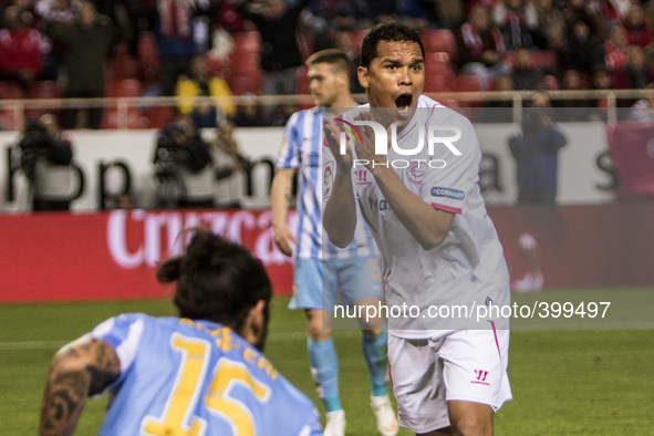 Bacca, player of Sevilla FC, argues for a foul during the match of La Liga (BBVA) between Sevilla FC and Malaga CF at the Ramon Sanchez Pizj...