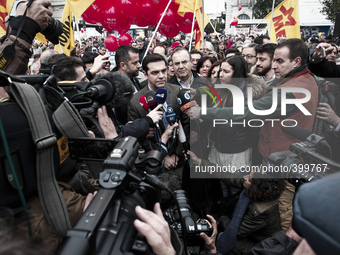 Alexis Tsipras makes announcements to the media during the general strike in Athens on November 27, 2014. (