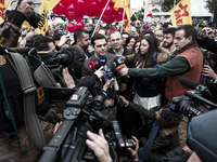 Alexis Tsipras makes announcements to the media during the general strike in Athens on November 27, 2014. (