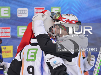 Canadian Trio: Philippe Marquis, Mikael Kingsbury and Marc-Antoine Gagnon celebrate their Medals in Dual Moduls Final at FIS Freestyle World...