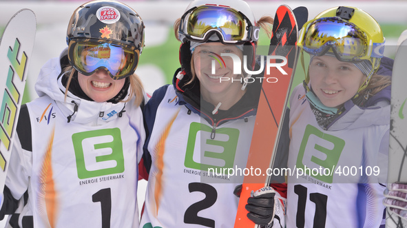 (L-R) Justine Dufour-Lapointe (CAN), Hannah Kearney (USA) and Yulia Galysheva (KAZ), Ladies' Dual Moguls podium at FIS Freestyle World SKI C...