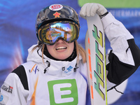 (L-R) Justine Dufour-Lapointe from Canada awaits for results of the final against US' Hannah Kearney, in Ladies' Dual Moguls, at FIS Freesty...
