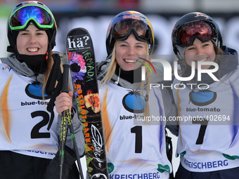 (L-R), Katie Dummerhayes (UK), Lisa Zimmermann (GER) and Zuzana Stromkova (SLO), Ladies' Ski Slopestyle podium, at FIS Freestyle World Ski C...