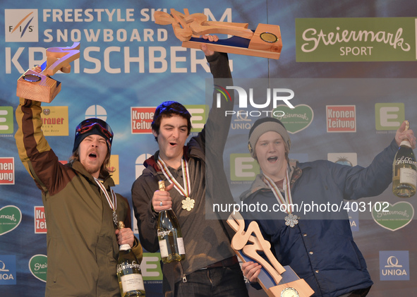 (L-R) Roope Tonteri (FIN), Ryan Stassel (USA) and Kyle Mack (USA), Men's Ski Slopestyle Podium, at FIS Freestyle World Ski Championship 2015...