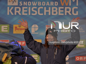 Miyabi Onitsuka from Japan, receives a Gold Medal as she wins Ladies' Snowboard Slopestyle final, at FIS Freestyle World Ski Championship 20...
