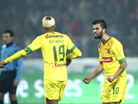 Paços Ferreira's Portuguese midfielder Sérgio Oliveira (R) celebrates after scoring a goal during the League Cup Football 2014/15 match betw...