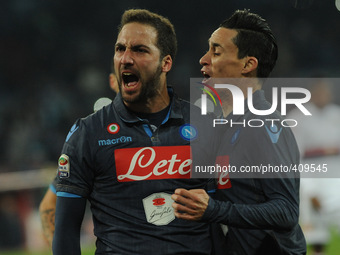 Gonzalo Higuain of SSC Napoli celebrates after scoring during the italian Serie A football match between SSC Napoli and Genoa at San Paolo S...