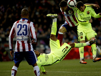 FC Barcelona's Brazilian forward Neymar da Silva attemps a acrobatic shot during the Spanish Kings cup 2014/15 match between Atletico de Mad...