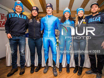 The italian skiers of the national team for the next Ski world Championship at the press conference with the new uniform, in Val di Fassa, o...