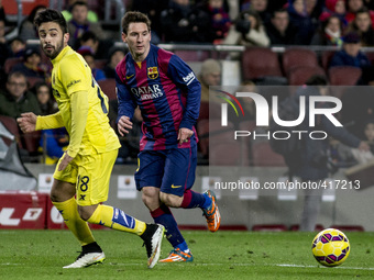 Barcelona, Catalonia, Spain. Fabruary 1, 2015 Leo Messi of Barcelona and Costa of Villarreal in action during the spanish league match betwe...