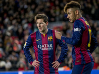 Barcelona, Catalonia, Spain. Fabruary 1, 2015 Leo Messi and Neymar Jr of Barcelona  in action during the spanish league match between FC bar...
