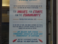 A new display showing the promise of new ethical practices in the window Co-Operative Bank in central Manchester on Tuesday 10th February 20...