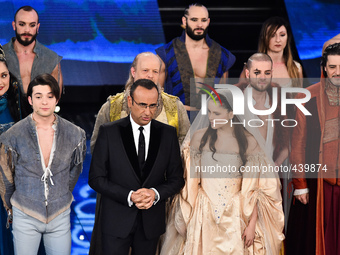 The Romeo and Giulietta musical cast and Carlo Conti attend the closing night of 65th Festival di Sanremo 2015 at Teatro Ariston on February...