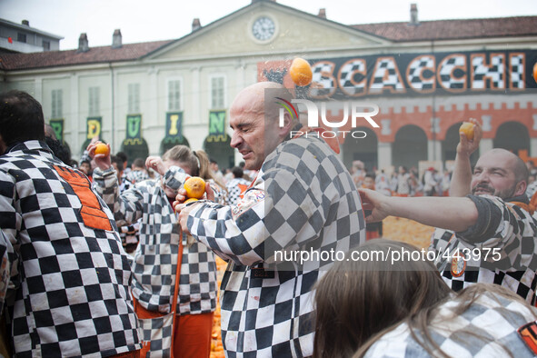 Battle of the Oranges at the Historical Carnival of Ivrea, near Turin, Italy on February 16, 2015.
During the event which marks the people'...