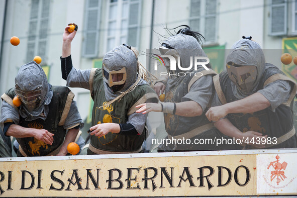 Battle of the Oranges at the Historical Carnival of Ivrea, near Turin, Italy on February 16, 2015.
During the event which marks the people'...