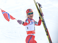 Therese Johaug from Norway celebrates her win in the Ladies 30km Mass Start Classic at FIS Nordic World Ski Championship 2015 in Falun. Swed...