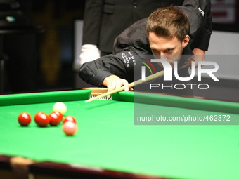 Gdynia, Poland 28th Feb. 2015 PTC Gdynia Snooker Polish Open 2015.  Jammie Burnett faces Judd Trump during second day of tournament at Gdyni...