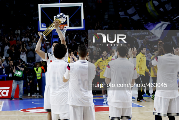Real madrid players offer the Copa del Rey to his fans during the Liga Endesa Basket 2014/15 match between Real Madrid and Iberostar Tenerif...