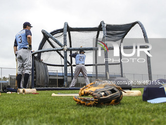 Tampa Bay Rays infielder Evan Longoria (3), left,  watches James Loney (21) take batting practice Saturday, February 28, 2015 at Charlotte S...