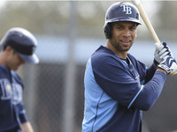 Tampa Bay Rays infielder James Loney (21) waits to take batting practice Saturday, February 28, 2015 at Charlotte Sports Park in Port Charlo...