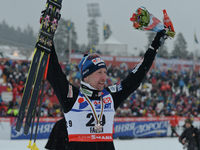 Lucas Bauer from Czech Republic celebrates after the Medal Ceremony as he takes Silver in Men 50km Classic podium, at FIS Nordic World Ski C...