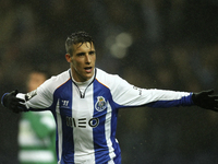 Porto's Spanish forward Cristian Tello celebrates after scoring a goal during the Premier League 2014/15 match between FC Porto and Sporting...