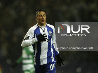 Porto's Spanish forward Cristian Tello celebrates after scoring a goal during the Premier League 2014/15 match between FC Porto and Sporting...