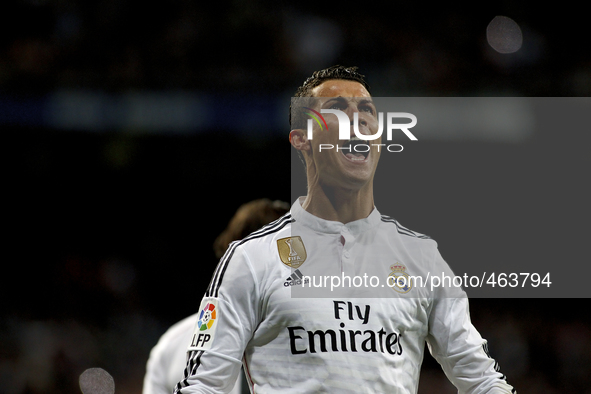 Real Madrid's Portuguese forward Cristiano Ronaldo Celebrates a goal during the Spanish League 2014/15 match between Real Madrid and Villarr...