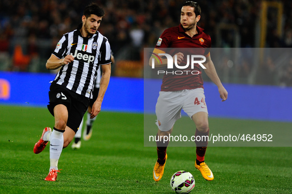 Morata e Manolas during the Serie A match between AS Roma and Juventus FC at Olympic Stadium, Italy on March 02, 2015. 