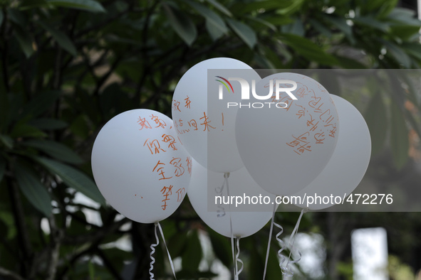 A message is written in Chinese language on a ballon for the missing Malaysian Airlines MH370 during the Day of Remembrance for MH370 in Kua...