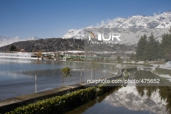 SRINAGAR, KASHMIR, INDIA - MARCH 10: Snow capped Zabarvan mountains are reflected in a pond on March 10, 2015 in Srinagar, the summer capita...