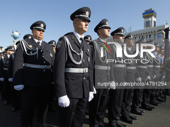 Ukrainian  police officers stand in line during a ceremony at the Independence Square in Kiev, Ukraine, on 24 August, 2019. Ukrainians mark...