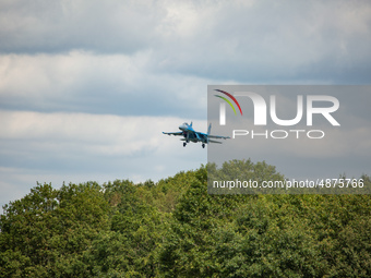 Sukhoi SU-27 Flanker 39 of the Ukrainian Air Force with blue digital camo livery seen flying on final approach and landing at Kleine Brogel...