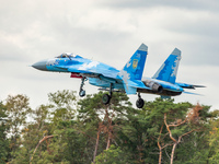 Sukhoi SU-27 Flanker 39 of the Ukrainian Air Force with blue digital camo livery seen flying on final approach and landing at Kleine Brogel...