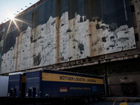 A cargo truck trailer with the German and EU flag at the port of Piraeus on March 14, 2015. 
The port of Piraeus is the largest Greek seapo...