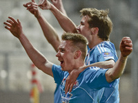 Blekitni's Bartosz Flis and Andzej Kotlowski celebrate after Flis scores a second goal during Cracovia Krakow vs Blekitni Stadgard Szczecins...