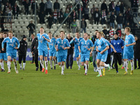 Players of Blekitni Stadgard Szczecinski celebrate their win against Cracovia Krakow and qualification to the semi-final of the Polish Cup t...