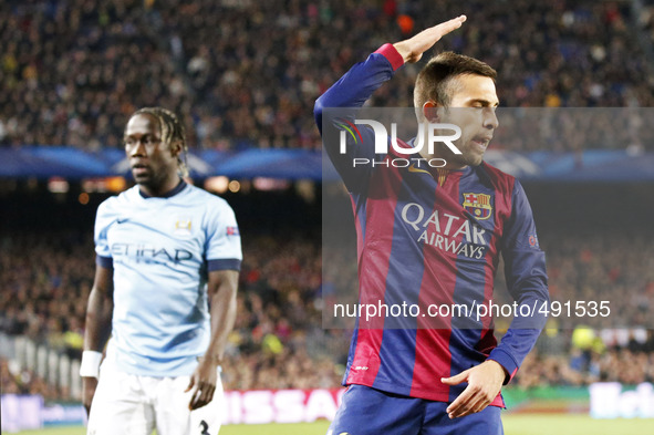 BARCELONA, SPAIN - MARCH 18: Jordi Alba  during the UEFA Champions League round of 16 match between FC Barcelona and Manchester City at Camp...