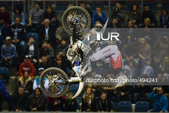Remi Bizouard, a French FMX rider, during his final jump in the opening day of Diverse NIGHT of the JUMPs in Krakow's Arena. Krakow, Poland....