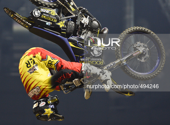 Rob Adelberg, an Australian FMX rider, during his final jump in the opening day of Diverse NIGHT of the JUMPs in Krakow's Arena. Krakow, Pol...