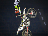 Maikel Melero, a Spanish FMX rider, during his final jump in the opening day of Diverse NIGHT of the JUMPs in Krakow's Arena. Krakow, Poland...