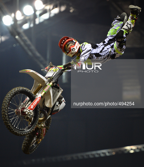 Maikel Melero, a Spanish FMX rider, during his final jump in the opening day of Diverse NIGHT of the JUMPs in Krakow's Arena. Krakow, Poland...