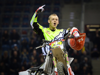 Maikel Melero, a Spanish FMX rider, celebrates his win during the opening day of Diverse NIGHT of the JUMPs in Krakow's Arena. Krakow, Polan...