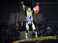 Maikel Melero, a Spanish FMX rider, celebrates his win during the opening day of Diverse NIGHT of the JUMPs in Krakow's Arena. Krakow, Polan...