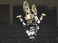 Marcin Lukaszczyk, a Polish FMX rider, the qualification round, in the opening day of Diverse NIGHT of the JUMPs in Krakow's Arena. Krakow,...